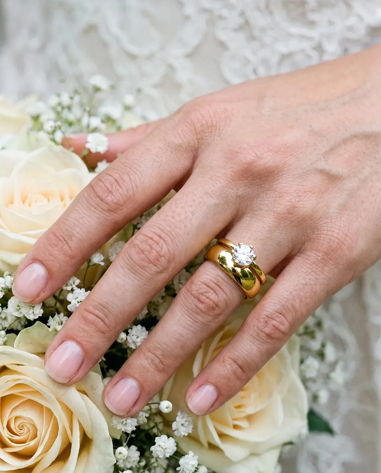 A bride’s hand with a solitaire and wedding band among white roses