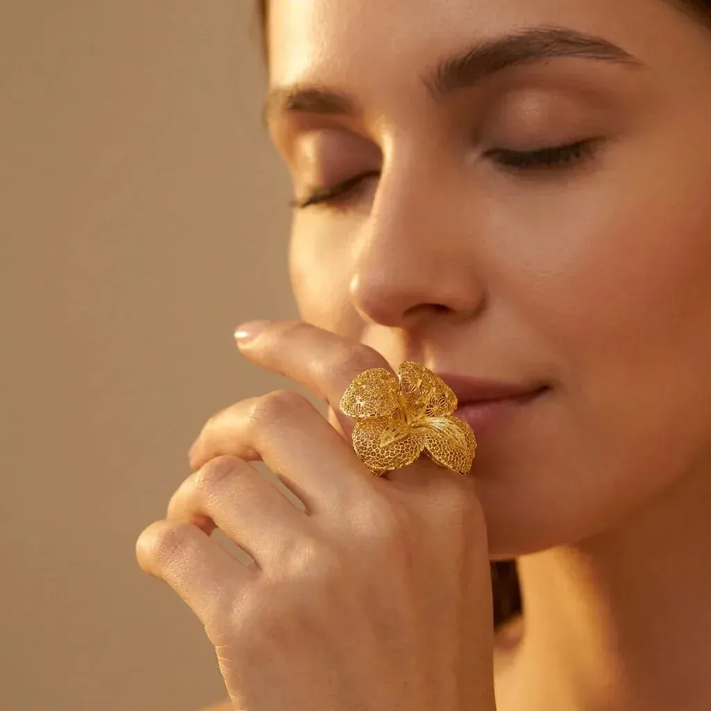 A model holding the Filigree Flower Ring to her lips
