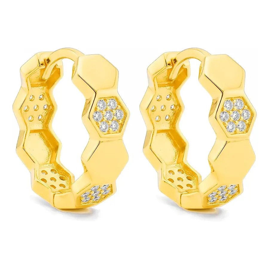 Hexagon Pavé Huggie Earrings in 21K yellow gold